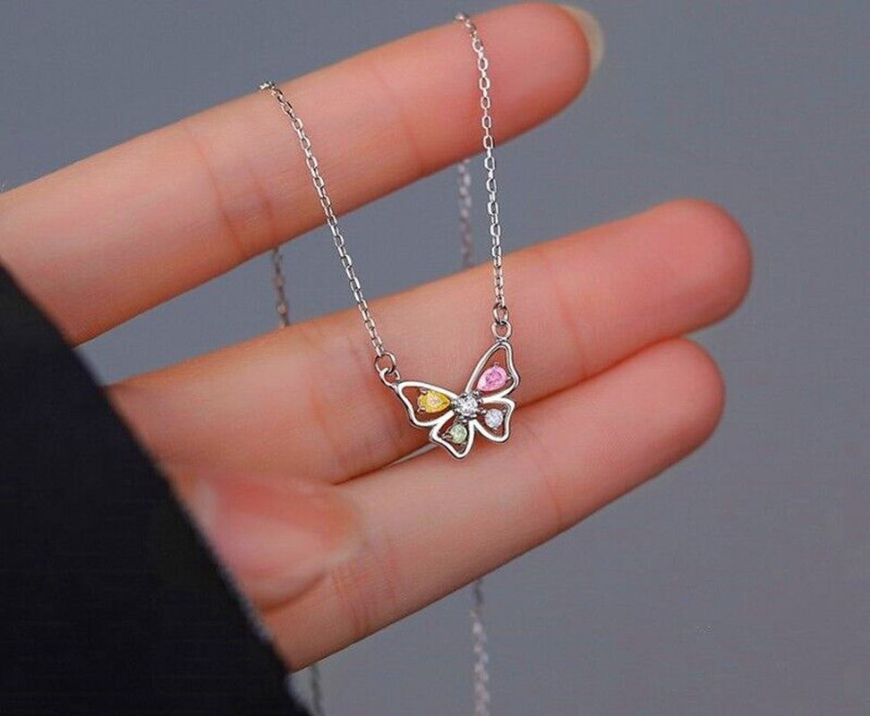 Crystal Colourful Butterfly 925 Sterling Silver Necklace Chain Womens Jewellery