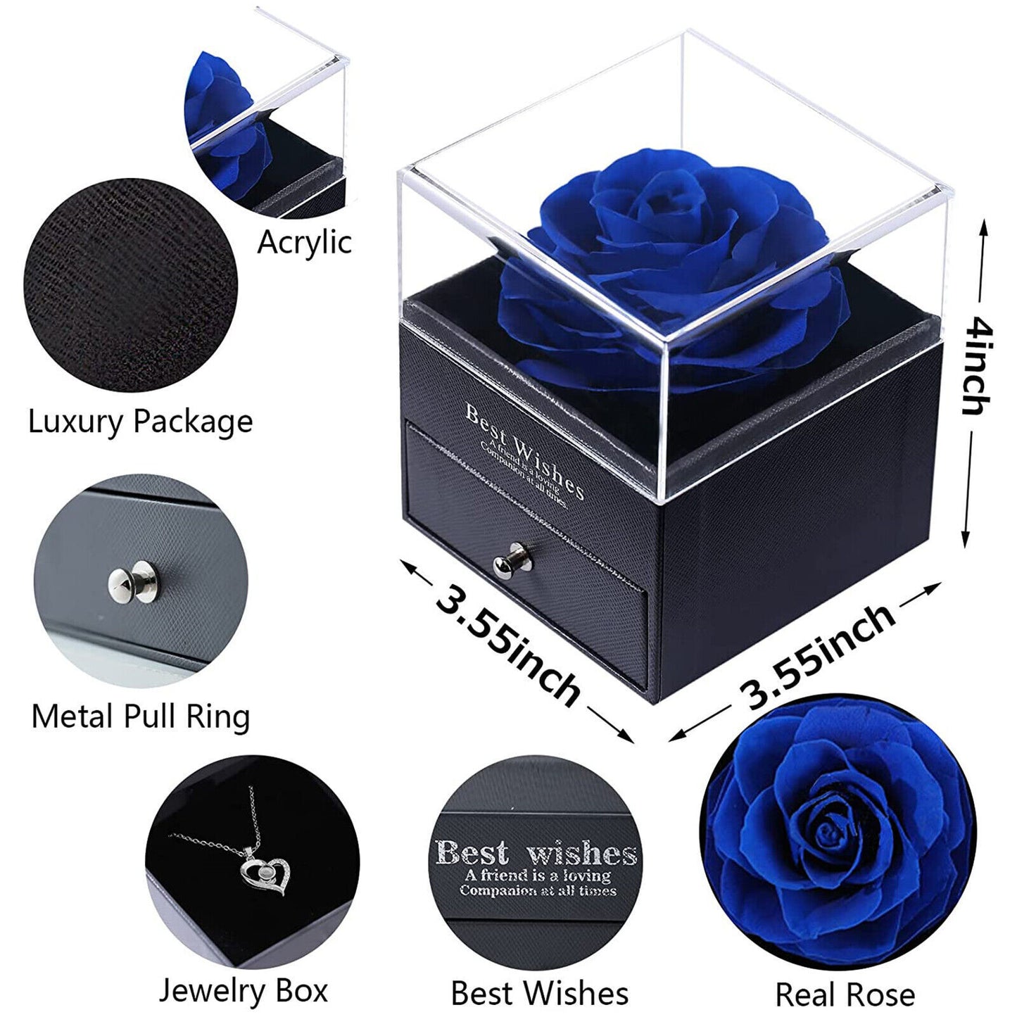 Eternal Preserved Real Rose Gift Box with Necklace I Love You in 100 Languages