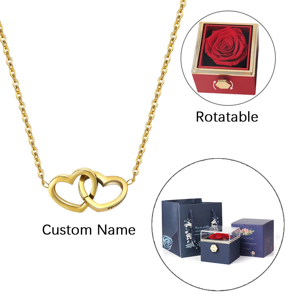 Eternal Rose Gift Box with Engraved Necklace and Real Flower - Customized Heart Letter Necklace for Valentine's Day Gift for Her