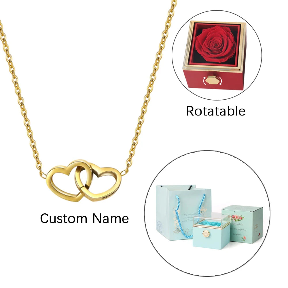 Eternal Rose Gift Box with Engraved Necklace and Real Flower - Customized Heart Letter Necklace for Valentine's Day Gift for Her