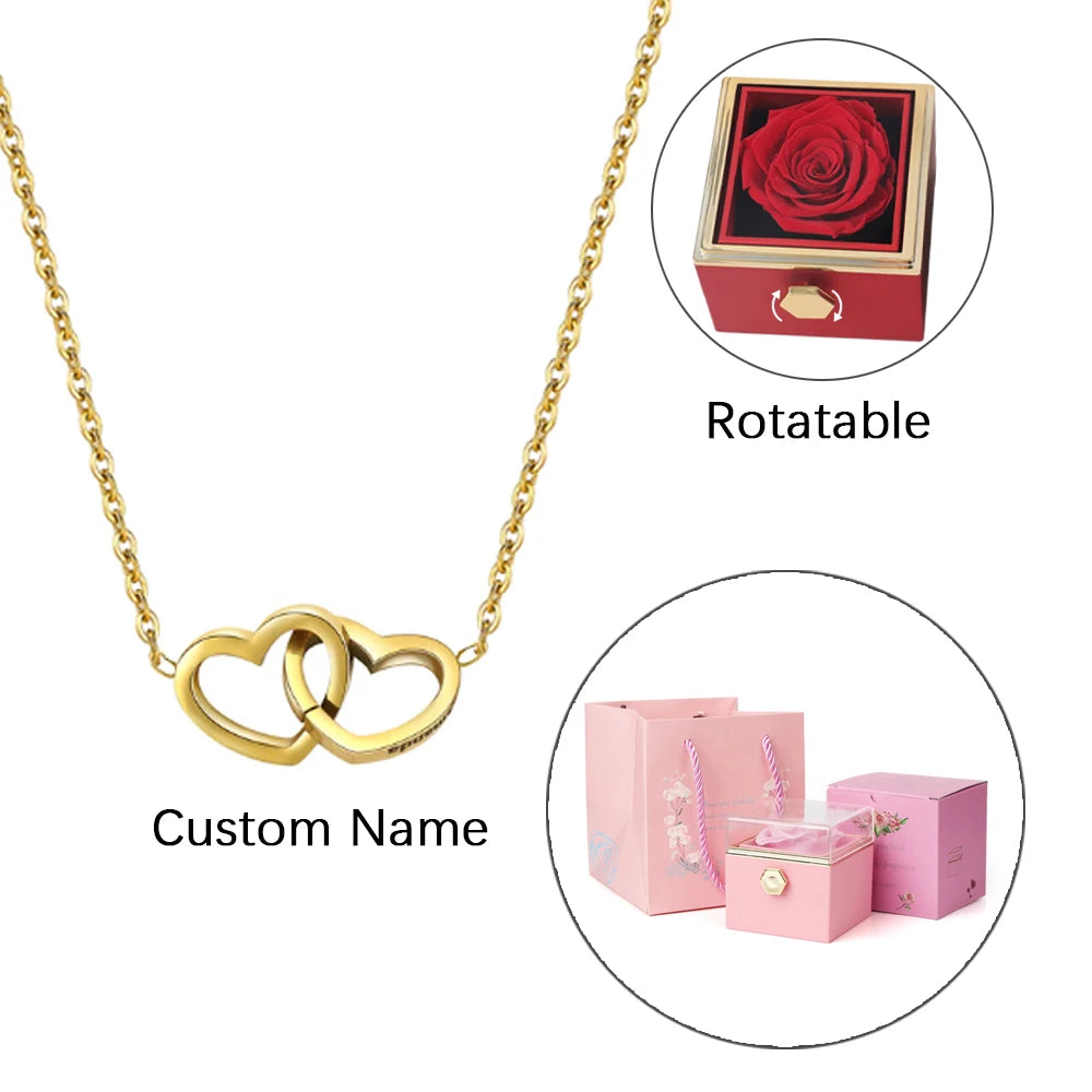 Eternal Rose Gift Box with Engraved Necklace and Real Flower - Customized Heart Letter Necklace for Valentine's Day Gift for Her