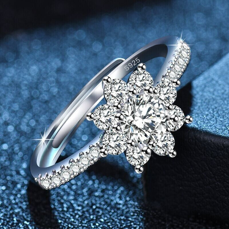 Christmas Crystal Snowflake Adjustable Ring 925 Sterling Silver Women Jewellery