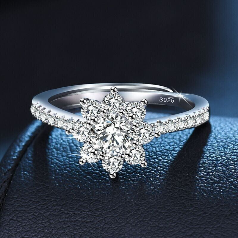 Christmas Crystal Snowflake Adjustable Ring 925 Sterling Silver Women Jewellery