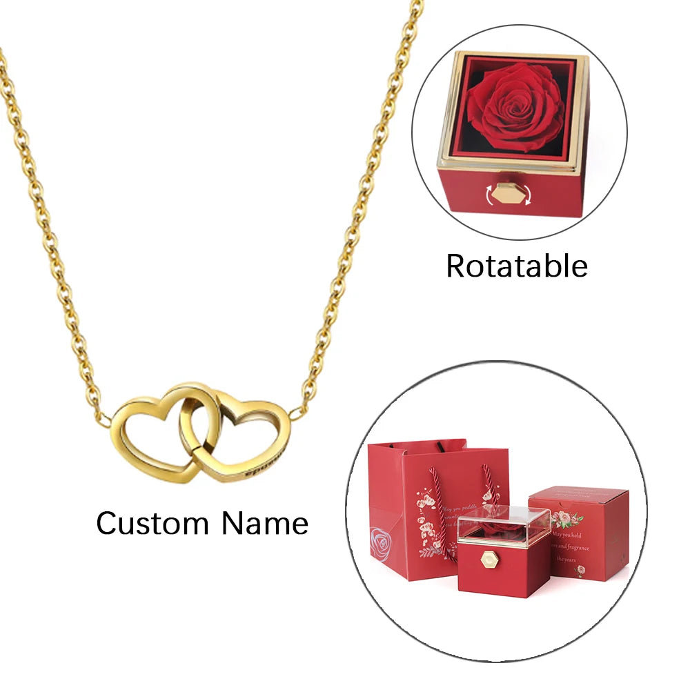 Eternal Rose Gift Box with Engraved Necklace and Real Flower - Customized Heart Letter Necklace for Valentine's Day Gift for Her