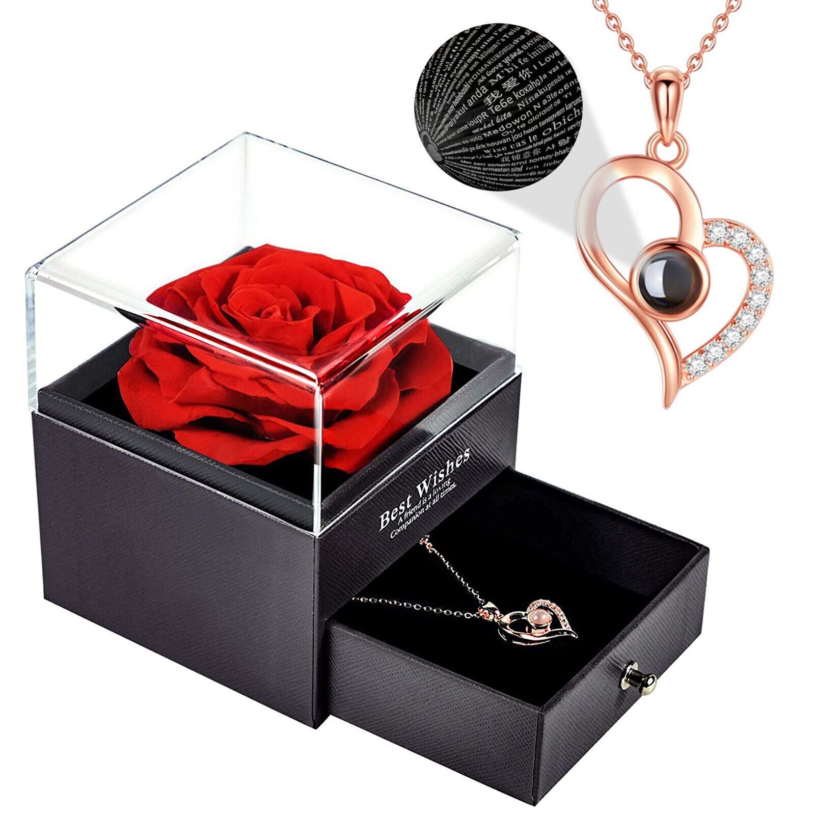 Eternal Preserved Real Rose Gift Box with Necklace I Love You in 100 Languages