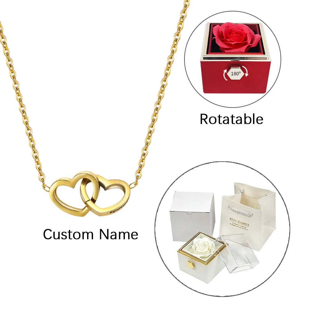 Eternal Rose Gift Box with Engraved Necklace and Real Flower - Customized Heart Letter Necklace for Valentine's Day Gift for Her