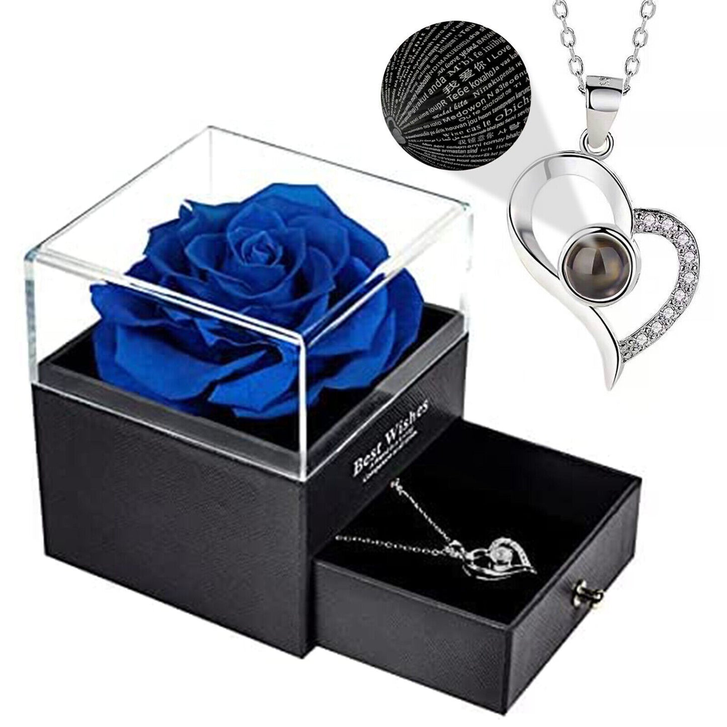 Eternal Preserved Real Rose Gift Box with Necklace I Love You in 100 Languages